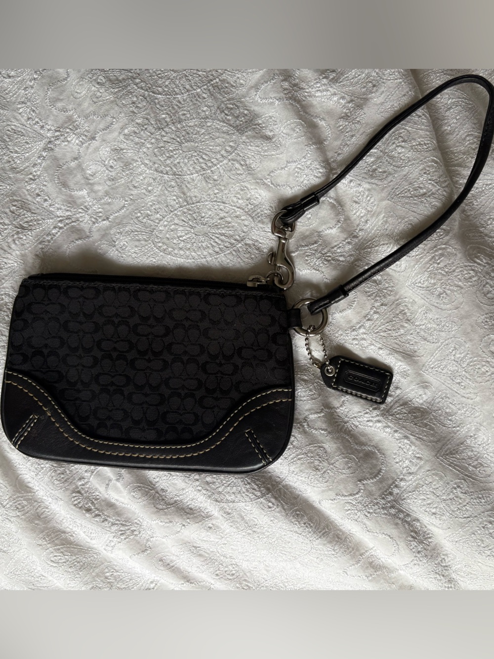 Coach Black Signature Wristlet with Leather Trim